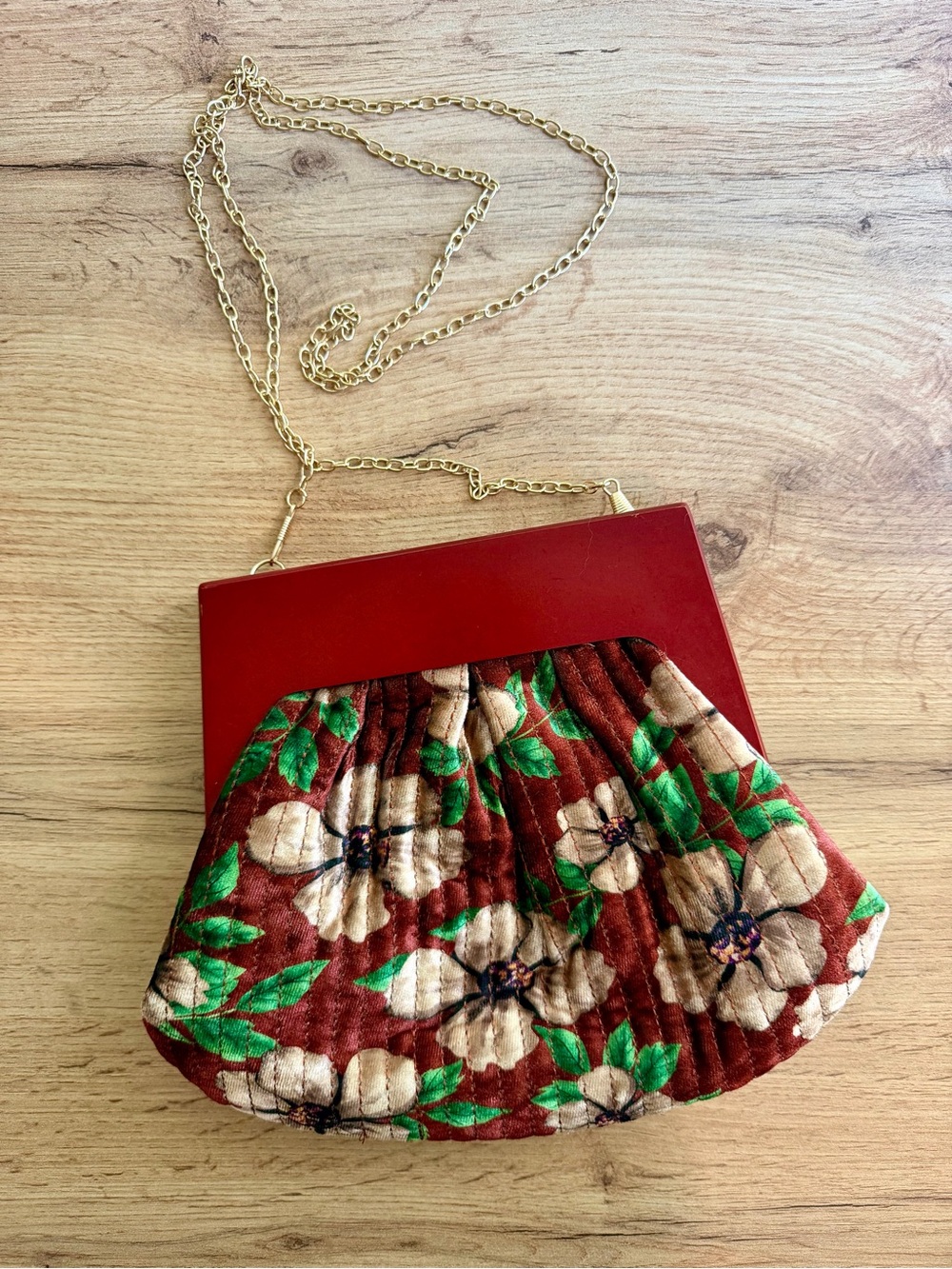 Anthropologie Floral Velvet Wood Frame Chain Shoulder Bag